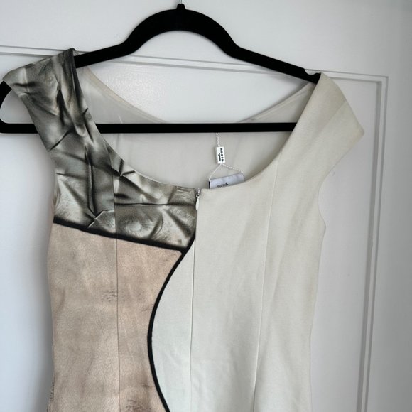 Akris Punto Sleeveless Sheath Mini Dress SZ 4 Beige White Cap Sleeves Scoop Back - Picture 8 of 10